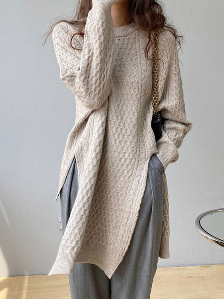 Retro Oatmeal Round-Neck Split-Side Long Sleeve Twist Knit Sweater AN1045 Genistyle Shop