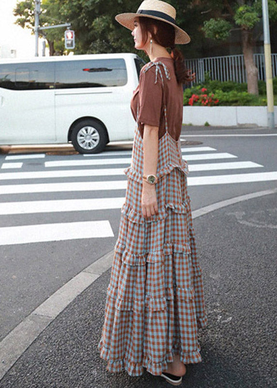 Blue Patchwork Sleeveless Plaid Ruffles Dress Long FashionChic