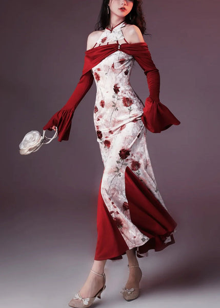 Velvet Print Patchwork Fishtail Chic Silk Red Flare Dresses FashionChic