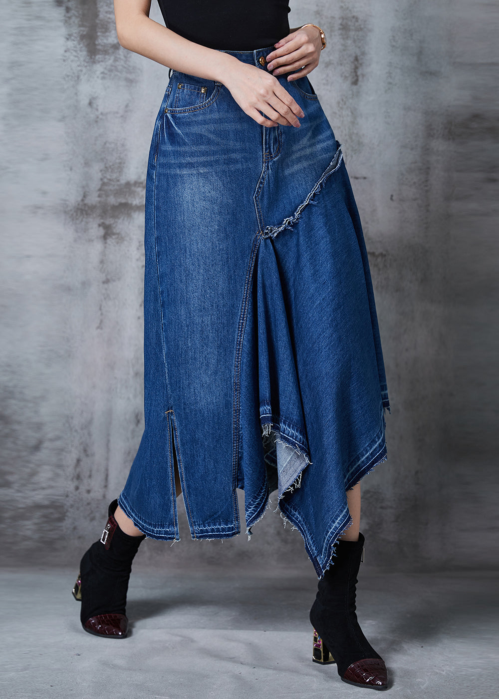 Modern Blue Asymmetrical Exra Large Hem Denim Skirt Summer PZGY-SKTS240826