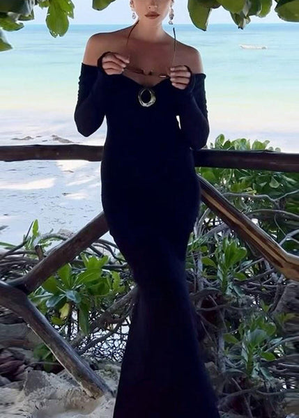 Waist Back Solid Dress Side Black Open High Spring Cotton Long FashionChic