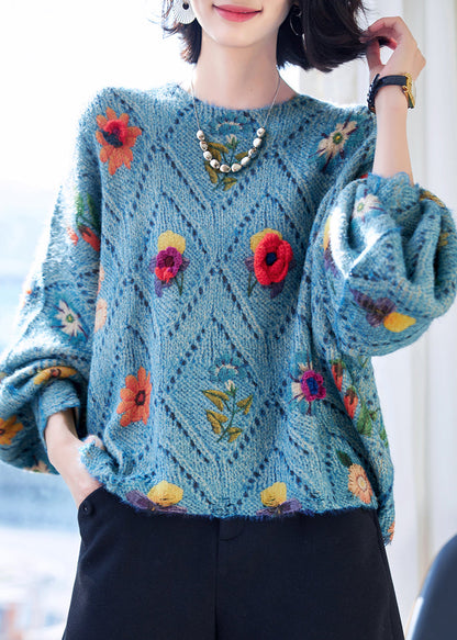 Floral Blue O-Neck Hollow Out Knit Sweaters Fall QC032 shopify