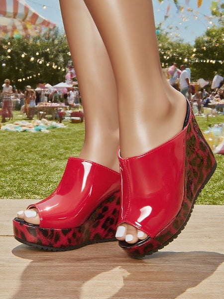 - Wedge Leather Sandals Toe Peep Leopard Red Women's Patent FashionChic