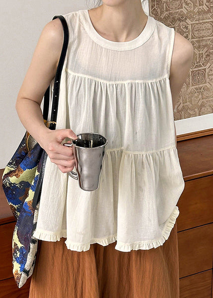 Beige Ruffled Solid Cotton Tops O Neck Summer AF1048 HS-STP240914