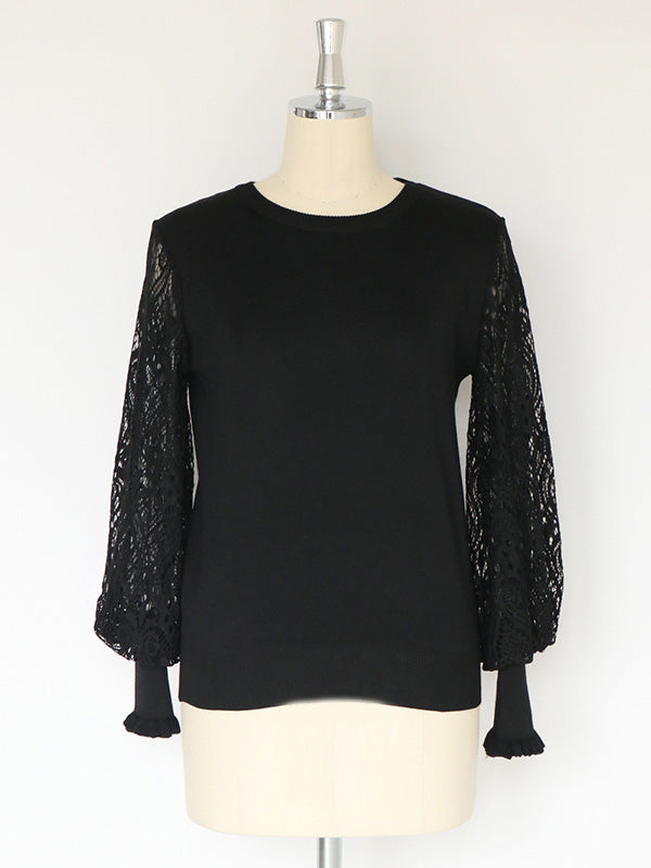 Tempermant Black Round-Neck Patchwork Hollow Lace Long Puff Sleeves Sweater QX011 shopify