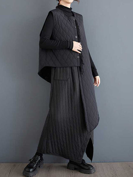 Simple Black Elasticity High Waisted Pockets Quilted Asymmetric Hem Skirt TW004 ABC