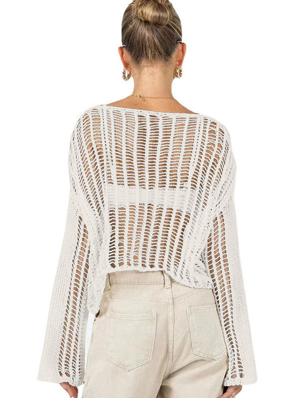 Street Loose White Round-neck Hollow Out See-Through Long Sleeves Knit Cover-Ups WS007 shopify