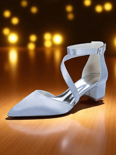 Women's Champagne Pointed Block Heels Satin Toe - FashionChic