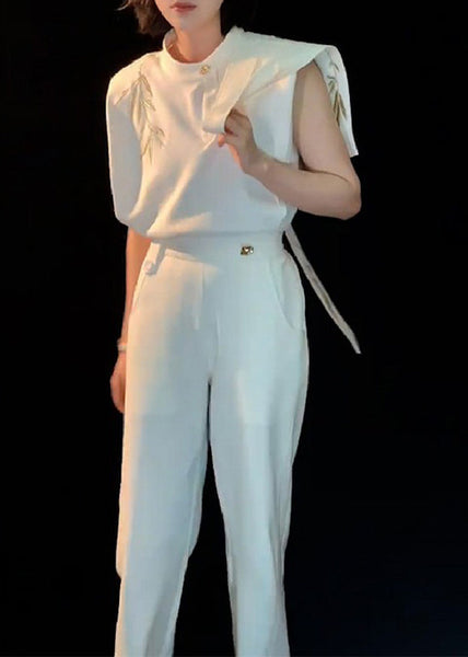 Chinese Style White O-Neck Embroidered Floral Top And Straight Pants Two Piece Set Summer TT1014 shopify