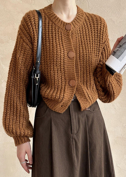 New Brown O Neck Hollow Out Cotton Knit Cardigan Fall AF1014 HS-NCT240914