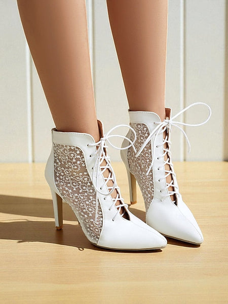 Women's Mesh Booties Ankle Lace Stiletto White Heels with FashionChic