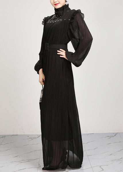 French Black Ruffled Solid Chiffon Maxi Dresses Fall AR1038 JDML-240823