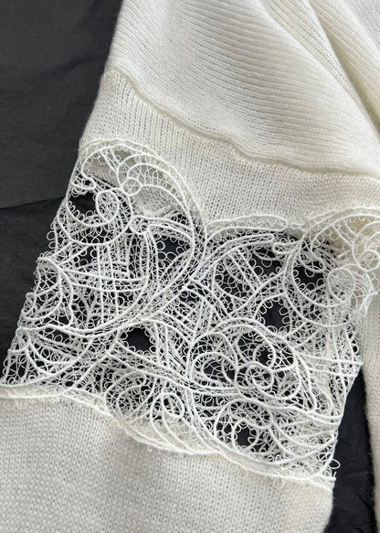 Boutique Beige Cold Shoulder Lace Patchwork Woolen Knit Sweaters Fall RV027 ABC