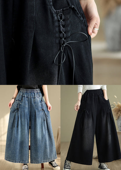 Summer Pants Strap Wide Wrinkled Denim Blue Cross Leg FashionChic