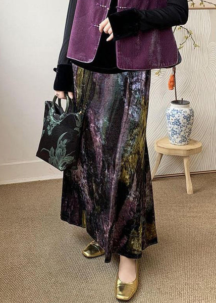 Dye Velvet Loose Silk Purple Tie Elastic Skirts Side Open Waist FashionChic