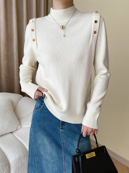 Elegant Grey High-Neck Buttoned Decor Long Sleeve Knit Sweater AN1050 Genistyle Shop
