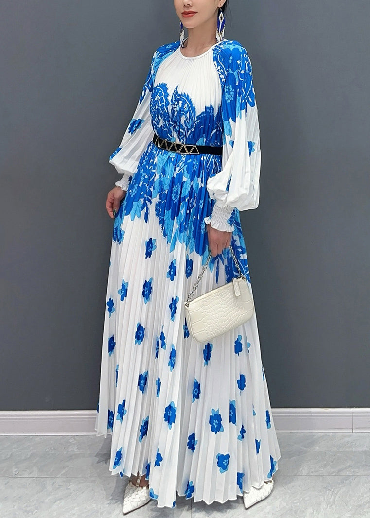 Style White Blue O Neck Print Wrinkled Long Dresses Petal Sleeve AO1001 JDML-FDL240909