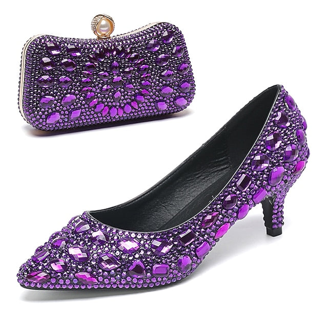 Matching Kitten Crystal-Embellished and Heel Shoes Women's FashionChic