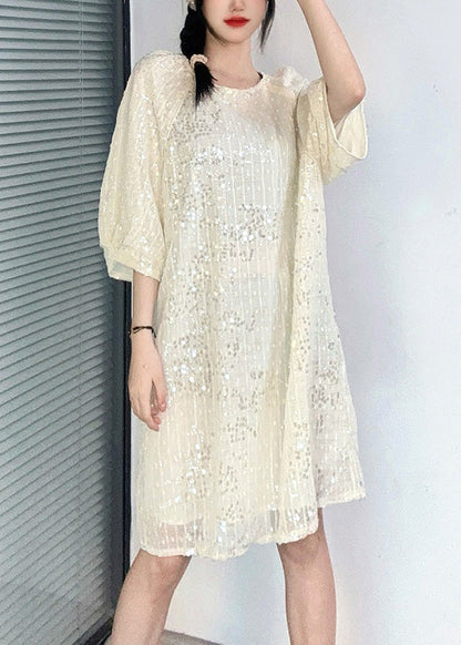 French Apricot O-Neck Sequins Mid Dress Summer AO1066 JDML-SDM240909