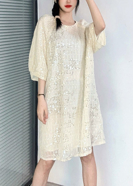French Apricot O-Neck Sequins Mid Dress Summer AO1066 JDML-SDM240909