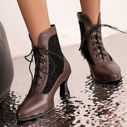 White Ankle Lace-Up Embroidered with Boots Women's Panels FashionChic