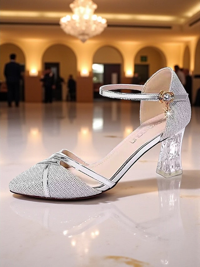 Ankle Elegant Strap Heel Pumps Gold Block Glitter Women's - FashionChic