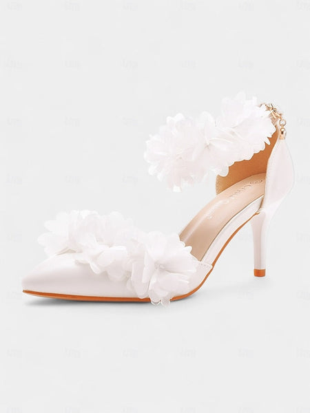 Women's Floral Heels Strap Ankle - Elegant White Pointed FashionChic