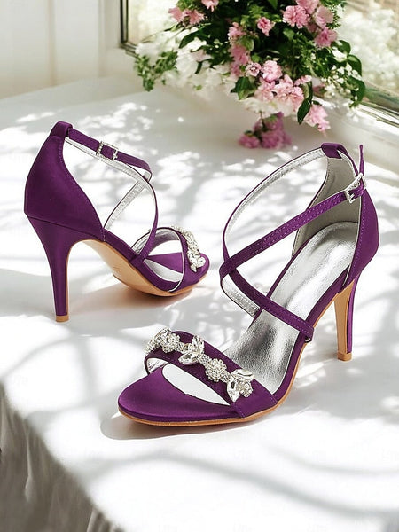 Purple Straps Satin Rhinestone Stiletto Heels with Women's FashionChic