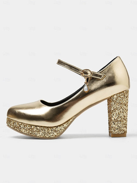 Heel Gold Sparkly Glitter Mary Block Pumps – Jane Women's FashionChic