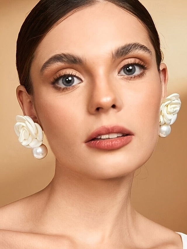 Pearl Elegant Earrings Stud Flower with Faux Drop Women's FashionChic