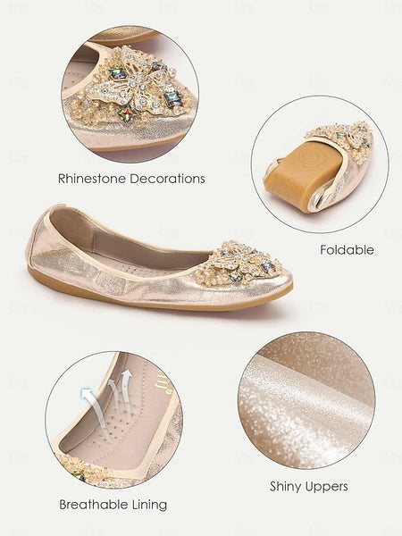 Women's Foldable Glitter Crystal Gold Flats with FashionChic
