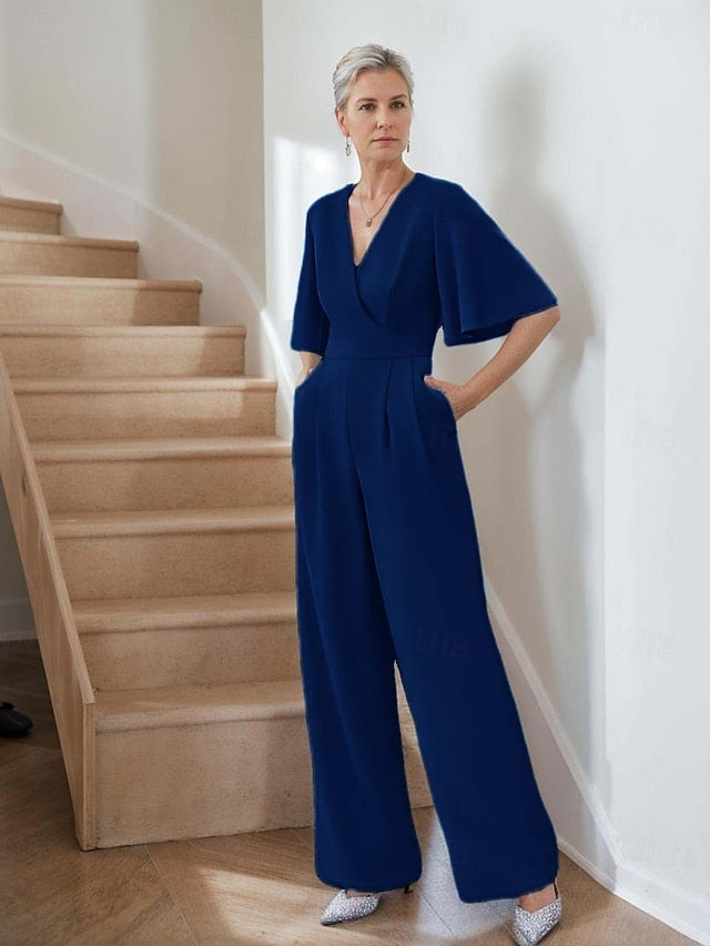 Elegant Simple Neck Bride Mother V of Minimalist Jumpsuit the FashionChic