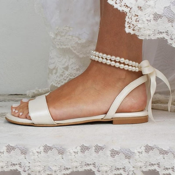 Sandals Women's Flat Ankle White Pearl Strap with – FashionChic