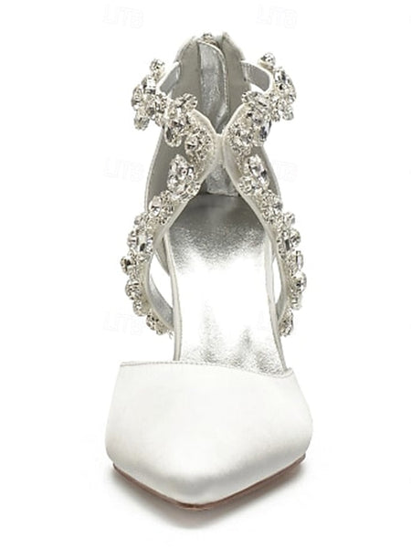 Heels Elegant Women's Satin White Crystal – Strap Pointed FashionChic