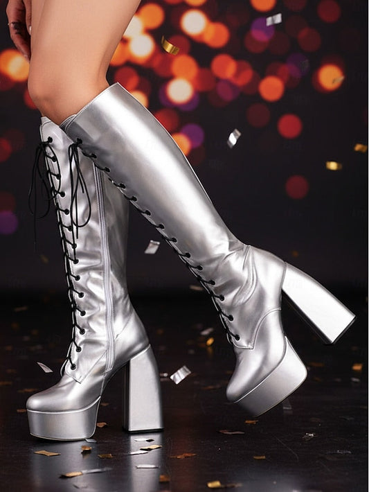 Platform Silver High Metallic Boots - Women's Lace-Up Knee FashionChic