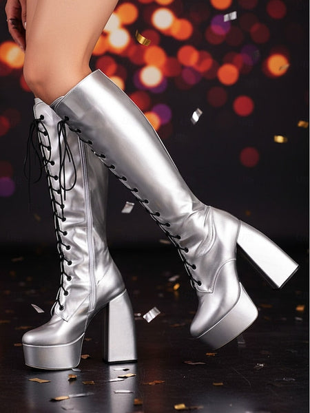 Platform Silver High Metallic Boots - Women's Lace-Up Knee FashionChic