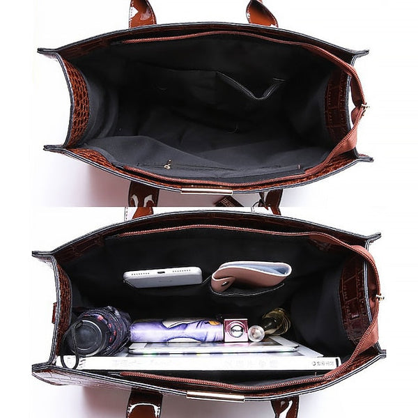 Women's Black Patent Crocodile Leather Pattern Handbag with FashionChic