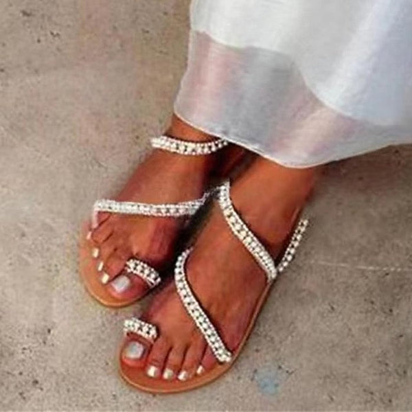 Elegant Pearl-Embellished Sandals – Flat Women's Strappy FashionChic