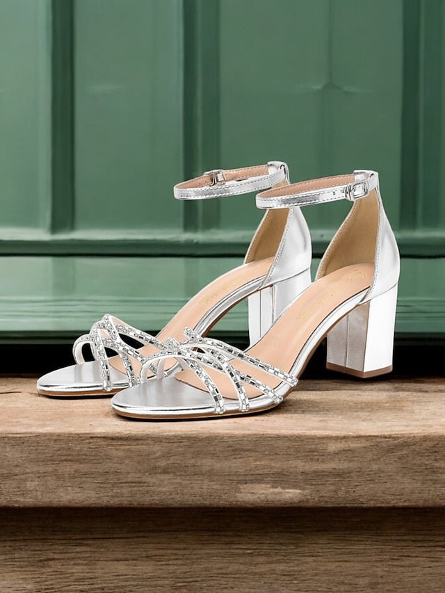 with Metallic Silver Block Rhinestone Heel Strappy Sandals FashionChic