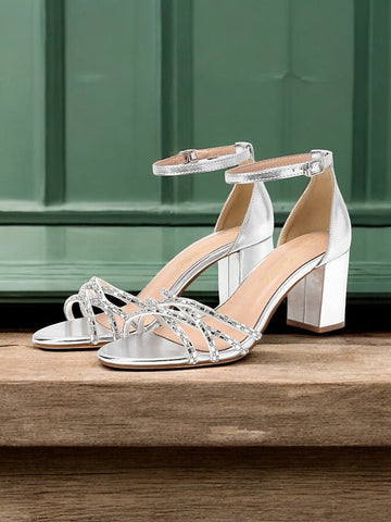 with Metallic Silver Block Rhinestone Heel Strappy Sandals FashionChic