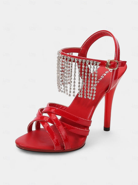 with Patent Leather Sandals Rhinestone Stiletto Red Women's FashionChic