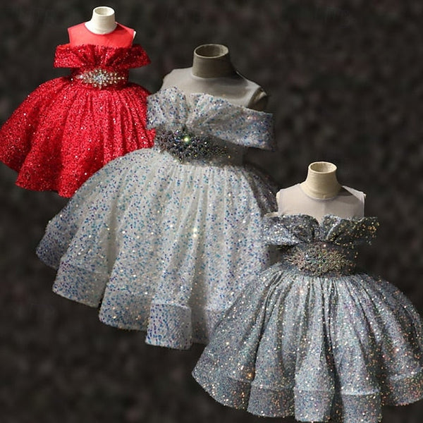 Party Dress Short Girls' Solid Color Kids Sleeve FashionChic