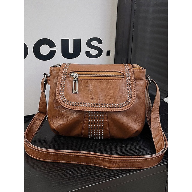with Faux Bag Women's Leather Brown Crossbody Studded FashionChic