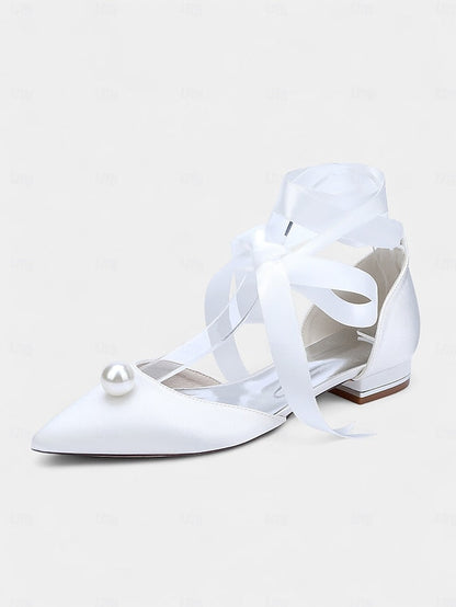 Women's Pearl Navy Toe - Satin Pointed Flats Embellished FashionChic