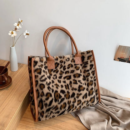 Tote Bag with Leather Faux Leopard Print Brown Women's Fur FashionChic
