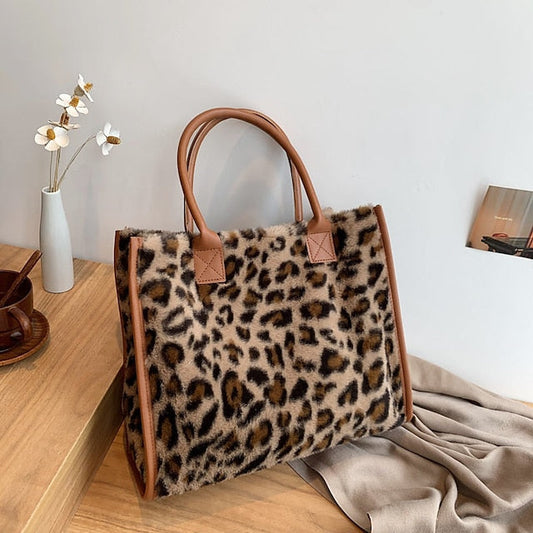 Tote Bag with Leather Faux Leopard Print Brown Women's Fur FashionChic