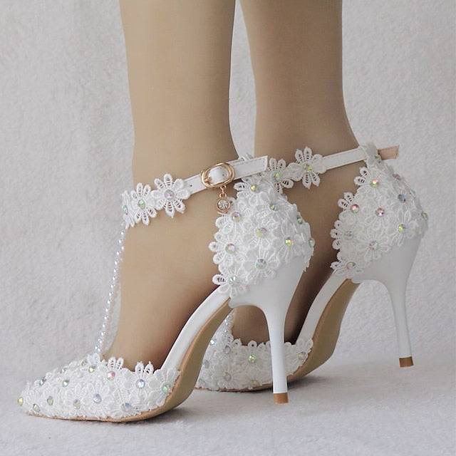Wedding Shoes Heel Pointed High Women's Lace Bridal FashionChic