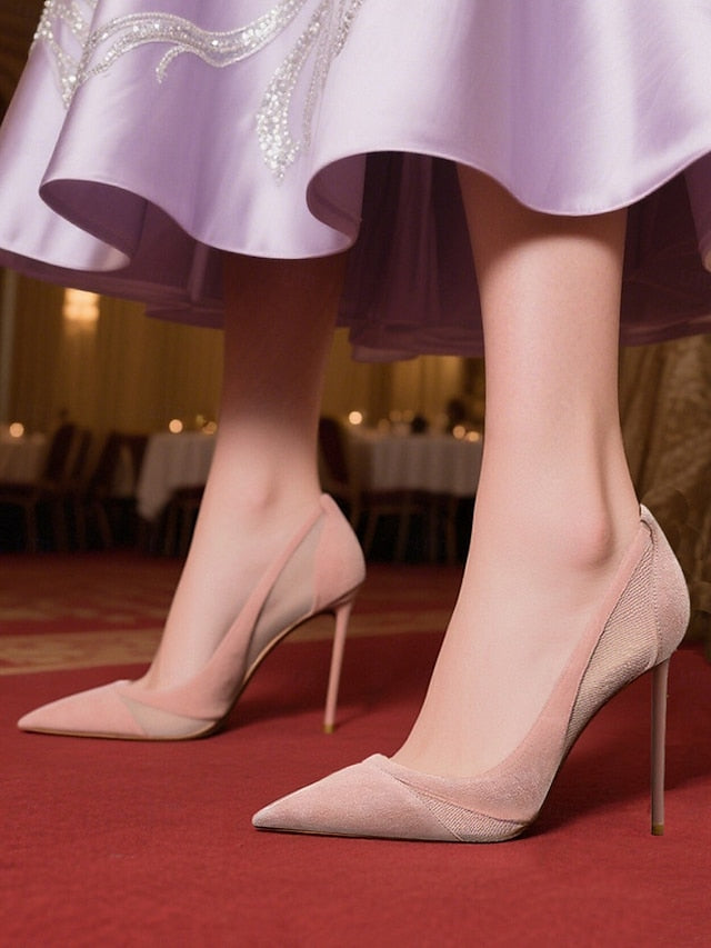 Toe Pumps Detailing Mesh Nude Pointed Suede Women's with FashionChic