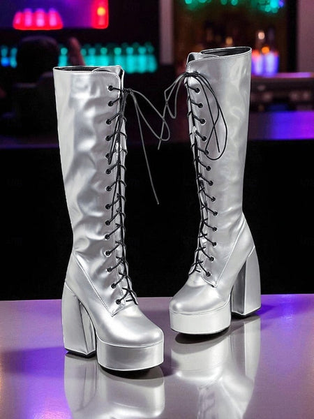 Platform Silver High Metallic Boots - Women's Lace-Up Knee FashionChic