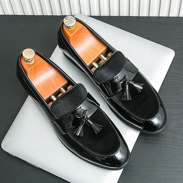 – Men's Black Faux Tassel Loafers Leather Patent Velvet FashionChic